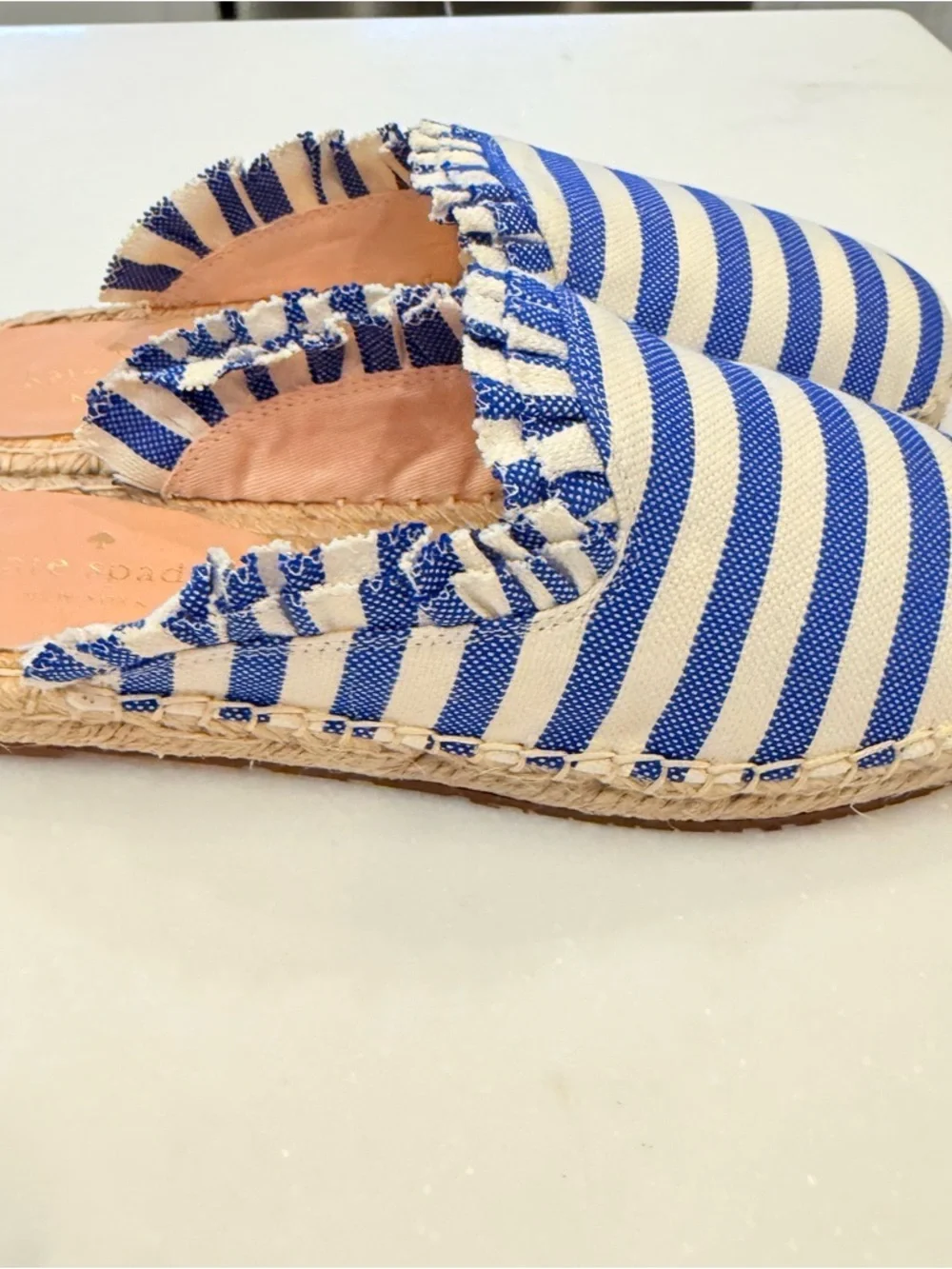 Kate Spade Laila Blue & Ivory Ruffle Espadrilles Mules Size 7.5 Slide Shoes NIB